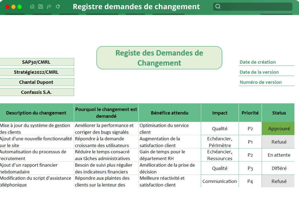 Registre demandes de changement Registre demandes de changement