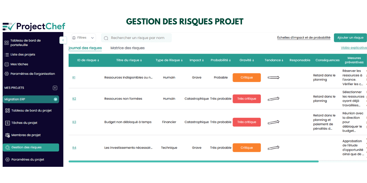 gestion des risques sur outil projectchef gestion des risques sur outil projectchef